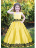 Square Neck Sleeveless Yellow Satin Lace Trim Flower Girl Dress
